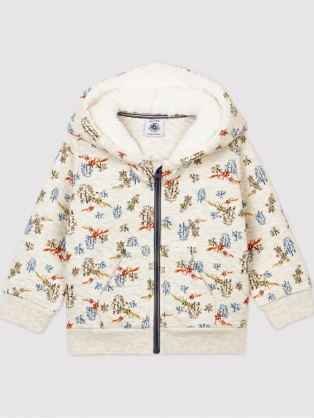 Petit Bateau Hooded Quilted Full Zip Hoodie | 24 Months | Cream | Animals